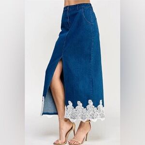 Blue Maxi Denim Skirt with White Lace Trim